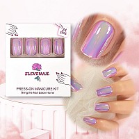 Elevenail 24Pcs Magic Color Chameleon Pink Purple Glossy Press On False Nails Medium Short Squoval Reusable Fake Nails Full Cove