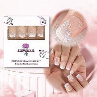 Medium Short Bling Butterfly Glitter Pink Nude White French False Nails Squoval Square Press On Nails Finger Wear Daily Nail Art