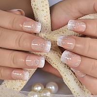 Medium Short Bling Butterfly Glitter Pink Nude White French False Nails Squoval Square Press On Nails Finger Wear Daily Nail Art