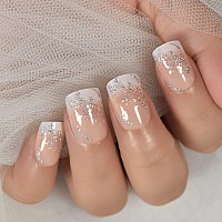 Medium Short Bling Butterfly Glitter Pink Nude White French False Nails Squoval Square Press On Nails Finger Wear Daily Nail Art