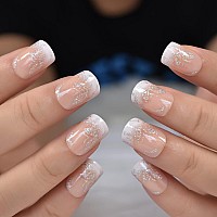 Medium Short Bling Butterfly Glitter Pink Nude White French False Nails Squoval Square Press On Nails Finger Wear Daily Nail Art