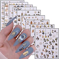 Gold Christmas Nail Art Stickers Decals Holographic White Snowflake Nail Adhesive Sticker Xmas Tree Snowflake Snowman Elk Sant