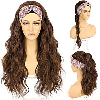 SAPPHIREWIGS Long Headband Wigs for Women Synthetic Headband Wig Natural Brown Highlight Color Loose Body Wavy Glueless Wigs with Headband Attached 150% Density 26 Inch