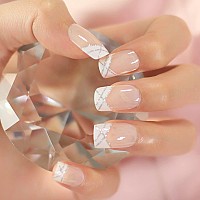 Natural Nude Pink White French Nails Press On False Nails Silver Glitter Line Squoval Fake Nails Medium Short Full Cover Faux On