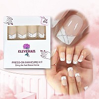 Natural Nude Pink White French Nails Press On False Nails Silver Glitter Line Squoval Fake Nails Medium Short Full Cover Faux On