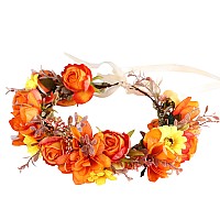 Vivivalue Women Floral Crown Girl Floral Headband Hair Wreath Flower Headpiece Halo Boho With Ribbon Wedding Party Orange