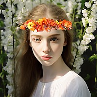 Vivivalue Women Floral Crown Girl Floral Headband Hair Wreath Flower Headpiece Halo Boho With Ribbon Wedding Party Orange