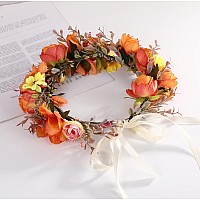 Vivivalue Women Floral Crown Girl Floral Headband Hair Wreath Flower Headpiece Halo Boho With Ribbon Wedding Party Orange