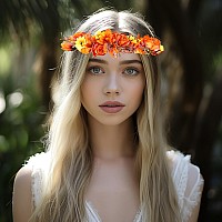 Vivivalue Women Floral Crown Girl Floral Headband Hair Wreath Flower Headpiece Halo Boho With Ribbon Wedding Party Orange