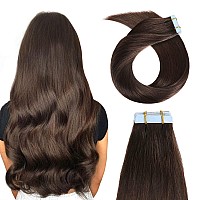 Yilite Tape In Hair Extensions Human Hair 2 Darkest Brown 14Inch Silky Straight Real Natural Remy Tape In Human Hair Extensions