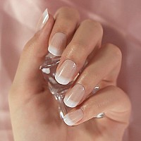 Elevenail Press On Nails Natural Nude Pink White With Glitter French False Nail Art Tips Short Round Full Cover Fake Nails Faux