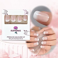 Elevenail Press On Nails Natural Nude Pink White With Glitter French False Nail Art Tips Short Round Full Cover Fake Nails Faux