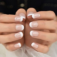 Elevenail Press On Nails Natural Nude Pink White With Glitter French False Nail Art Tips Short Round Full Cover Fake Nails Faux