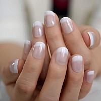 Elevenail Press On Nails Natural Nude Pink White With Glitter French False Nail Art Tips Short Round Full Cover Fake Nails Faux