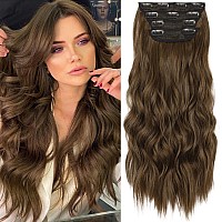 Kookastyle Clip In Synthetic Hair Extensions Long Wavy 4Pcs Thick Hairpieces Chestnut Brown Fiber Double Weft Natural Hair Exten