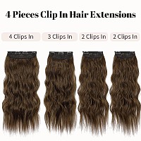 Kookastyle Clip In Synthetic Hair Extensions Long Wavy 4Pcs Thick Hairpieces Chestnut Brown Fiber Double Weft Natural Hair Exten