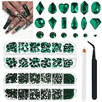 Emerald green Nail Rhinestones K9 glass crystal Flat Back Rhinestones Nail charms Stones 120 Multi Shapes Big gems Round Beads Nail Art Diamonds jewels for Nail Art Face Eyes Mackup crafts clothes DIY