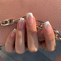 White French Tip Press On Nails Short Square Docvoeomh Natural Nude Fake Nails With Fashion Rhinestones Design French Tip Acry