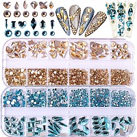 Belicey Nail Art Rhinestones Gold Blue Flatback Round Rhinestones Charms Nail Gem Stones With K9 Bling Glass Crystals Diamonds J