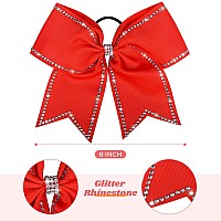 Deeka 10 Pcs 8 Rhinestones Large Cheer Hair Bows Glitter Cheer Ponytail Holder Handmade For Teen Girls Softball Cheerleader Spo