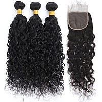 Brazilian Virgin Water Wave 3 Bundles With Closure 100 Unprocessed Human Hair Wet And Wavy Bundles With 4X4 Free Part Lace Clos