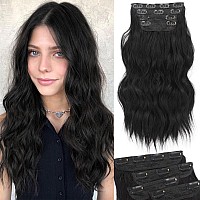 KooKaStyle Clip in Synthetic Hair Extensions Long Wavy 4PCS Thick Hairpieces Black Fiber Double Weft Natural Hair Extensions 16 Inch for Women