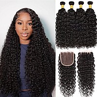 Borchan Water Wave 4 Bundles Human Hair Curly Wave Bundles With 4X4 Free Part Closure Ocean Wave Wet And Wavy Bundles With Lace