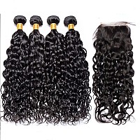 Borchan Water Wave 4 Bundles Human Hair Curly Wave Bundles With 4X4 Free Part Closure Ocean Wave Wet And Wavy Bundles With Lace