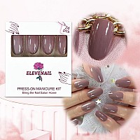 Medium Length Glossy Oval Fake Nails Light Purple Grey Press On False Nails Candy Nail Tips For Daily Office Finger Wear