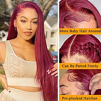 99J Burgundy Straight Lace Front Wigs Human Hair Bleached Knots 13x4 Transparent HD Burgundy Lace Front Human hair wig Pre Plucked with Baby Hair 150% Density Glueless Wigs Human Hair Natural Hairline Red 24Inch