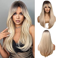 Esmee 24 Inches Long Straight Ombre Blonde Wig with Bangs for Women Side Parting Natural Synthetic Hair Wigs with Dark Roots for Daily Party Cosplay Wear