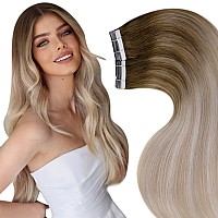 LAAVOO Tape in Hair Extensions Human Hair Balayage Light Brown to Ash Blonde with Platinum Blond Ombre 24 Inch Hair Extensins Tape in Remy Human Hair Skin Weft 20pcs 50g