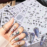 Seaside Beach Nail Art Stickers Holographic Mermaid Coconut Tree Flowers Leaf Animal Nail Adhesive Sticker Laser Silver Summer