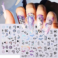 Seaside Beach Nail Art Stickers Holographic Mermaid Coconut Tree Flowers Leaf Animal Nail Adhesive Sticker Laser Silver Summer