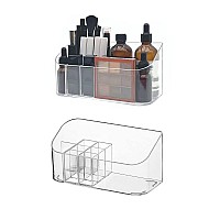 LINFIDITE 2 Pack Bathroom Cabinet Cosmetic Storage Tray Makeup Organizer Tray with 9 Compartments 2 Removable Dividers Lipgloss Organizer Makeup Display Tray Case for Beauty Essentials Crystal Clear