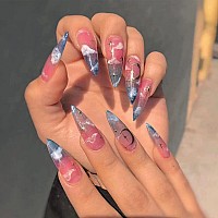 Yosomk Pink Sky Press On Nails Long With Designs Moon And Star False Fake Nails Acrylic Nails Press On Artificial Nails For Wome