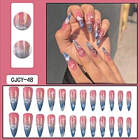 Yosomk Pink Sky Press On Nails Long With Designs Moon And Star False Fake Nails Acrylic Nails Press On Artificial Nails For Wome