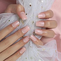 Super Shine Light Pink Shimmer False Nails Short Medium Square Acrylic Professional Glitter Finish Salon Fake Nails 24 Pcskit