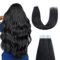 Sunya Tape In Hair Extensions Human Hair Jet Black 24 Inches Straight Tape In Real Human Hair Seamless Skin Weft Tape In Hair Ex