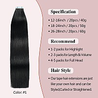 Sunya Tape In Hair Extensions Human Hair Jet Black 24 Inches Straight Tape In Real Human Hair Seamless Skin Weft Tape In Hair Ex