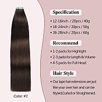 Sunya Tape In Hair Extensions Human Hair 22 Inches Dark Brown Straight Tape In Real Human Hair Seamless Skin Weft Tape In Hair E