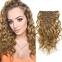 Lacerhair 18Inch Blonde Human Hair Extensions Curly Clip In Natural Wave Hair Extensions For Women Clip In Honey Blonde Hair Ext