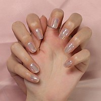 Cellophane Color Candy Holographic Dreamy Press On Nails Clear Holo Short Squoval Fake Nails Shiny Pearl 24 Pcskit