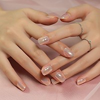 Cellophane Color Candy Holographic Dreamy Press On Nails Clear Holo Short Squoval Fake Nails Shiny Pearl 24 Pcskit