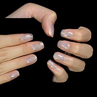 Cellophane Color Candy Holographic Dreamy Press On Nails Clear Holo Short Squoval Fake Nails Shiny Pearl 24 Pcskit