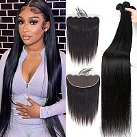 Yisea Brazilian Straight Human Hair Bundles With Lace Frontal 16 18 2014 Frontal 100 Unprocessed Human Hair 3 Bundles With 1