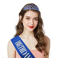 Birthday Queen Sash & Crystal Crown Kit CIEHER Birthday Crown and Sash Birthday Crowns for Women Birthday Sash Women Girls Crown Birthday Tiara Birthday Decorations Rhinestones Headband Hair Accessories Glitter Sash for Party - Blue