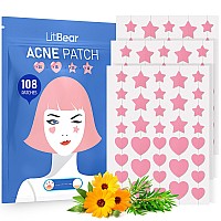 LitBear Acne Patch Pimple Patch, Pink Heart & Star Shaped Absorbing Cover Hydrocolloid Patches For Face Zit, Acne Dots, Tea Tree Oil + Centella (108 Count (Pack of 1))