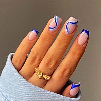 Foccna Square Press On Nails Acrylic French Fake Nails Short Swirls Cute Womens Blue False Nails Daily Wear Artificail Nails Fo