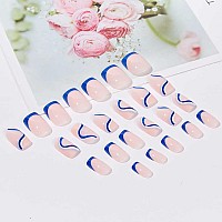 Foccna Square Press On Nails Acrylic French Fake Nails Short Swirls Cute Womens Blue False Nails Daily Wear Artificail Nails Fo